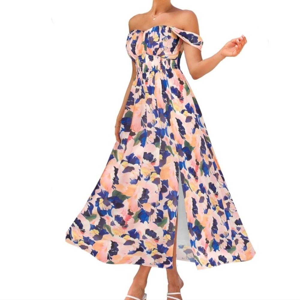 GRACE KARIN floral print flowy a-line off the shoulder maxi dress Blue White - Picture 1 of 4